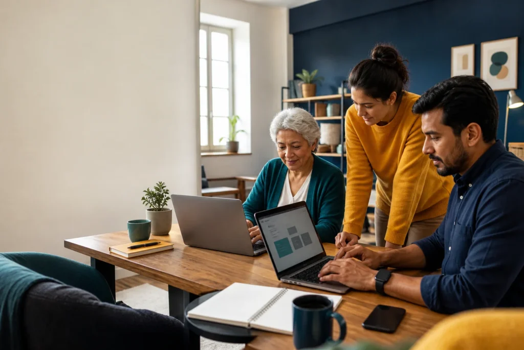 Adults of different ages using laptops to turn practical ideas into digital tools.